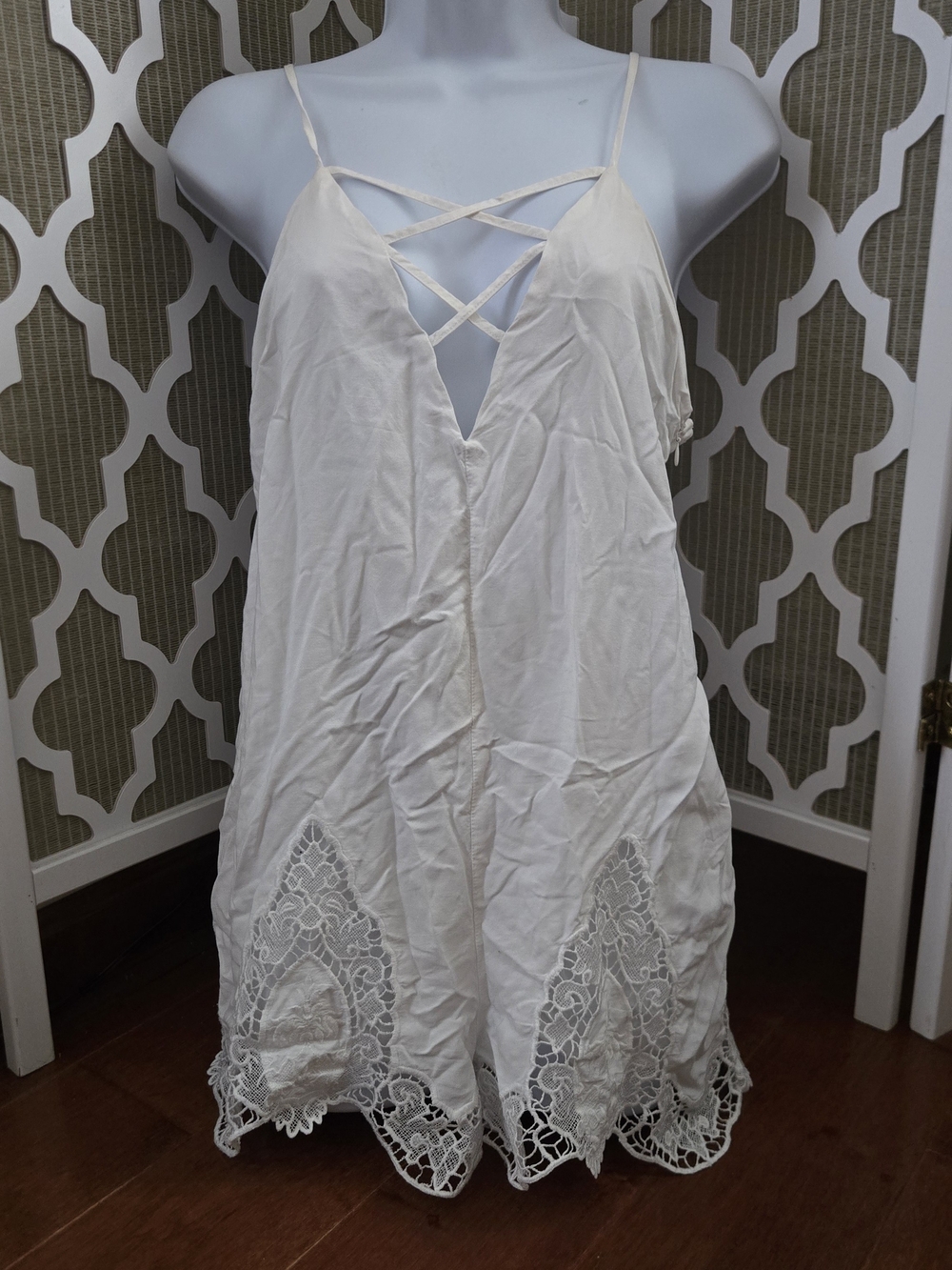 Women’s White Lace-Trim Slip Dress Romper - Strappy V-Neck